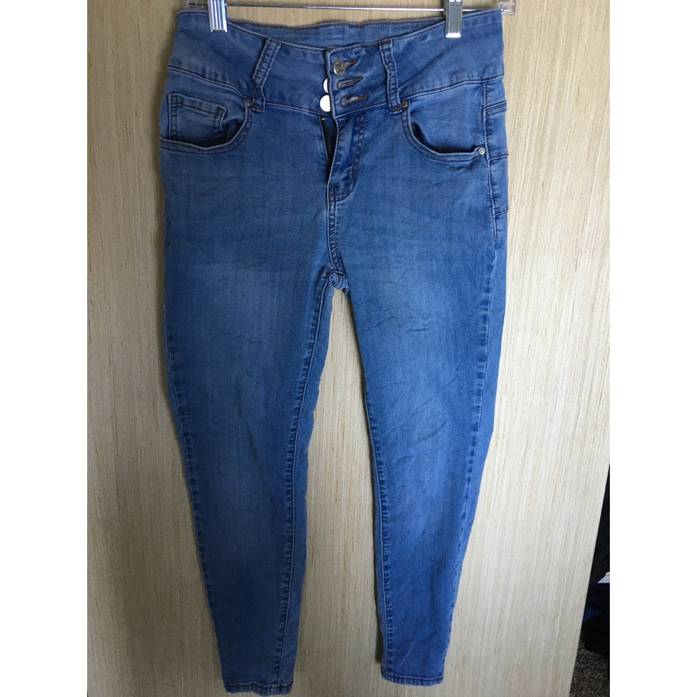 Telepatia Womens High Waisted Skinny Jeans Medium Wash Blue Triple Button